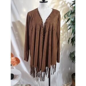 Krazy Kat Faux Suede Fringe Open Kimono Jacket Size XXL Boho Hippie Festival